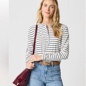 J.Crew Blue & White Striped Ruffle Collar Henley Top Preppy Button Front Sz M